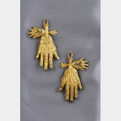 Pair of Artist-designed 18kt Gold "Leaf Vein Hand" Clip Brooches, Salvador Dali