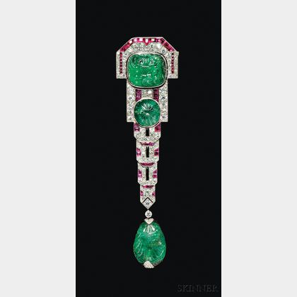 Fine Art Deco Carved Emerald, Ruby, and Diamond Pendant Brooch, Chaumet
