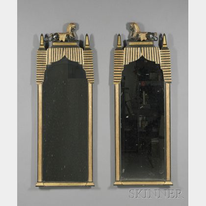 Pair of Empire Egyptian-style Parcel-gilt and Ebonized Pier Mirrors