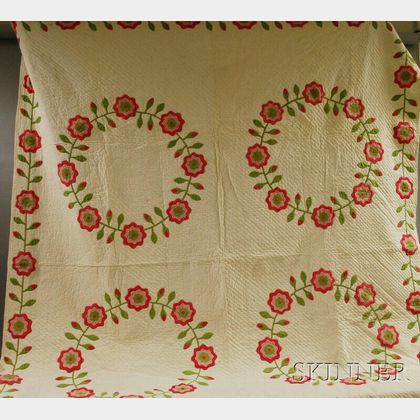 Hand-stitched Cotton Floral Chain Applique Pattern Quilt