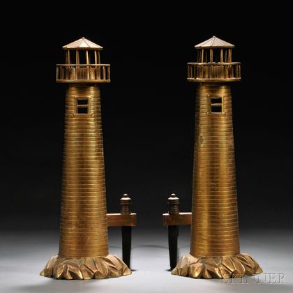 Pair of Cast Brass Lighthouse-form Andirons
