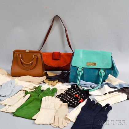 Three Leather Designer Handbags and a Group of Lady's Leather Gloves