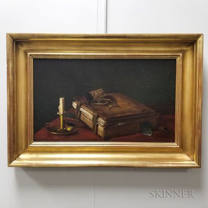 American School, 19th Century Trompe l'Oeil Still Life with a Book and Chamberstick