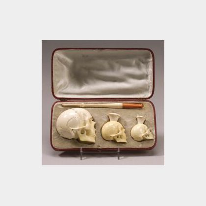 Three-Piece Meerschaum Smoking Set Carved as Skulls
