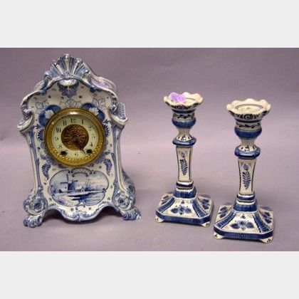 Three-Piece Royal Bonn/Waterbury Clock Co. Delft China Clock and Candlesticks Set. 