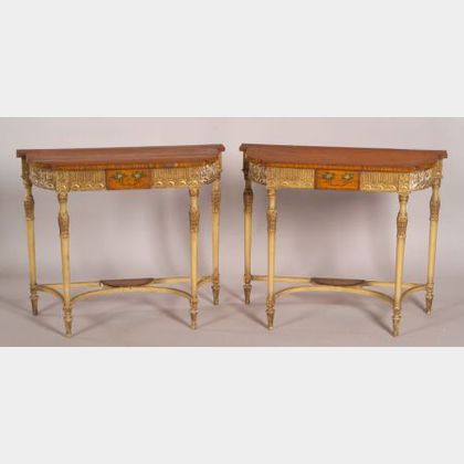Pair of George III Polychrome, Parcel-gilt and Inlaid Satinwood Demilune Consoles
