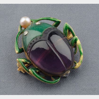 18kt Gold, Aventurine, and Carved Amethyst Scarab Pendant/Brooch, Marcus & Co.