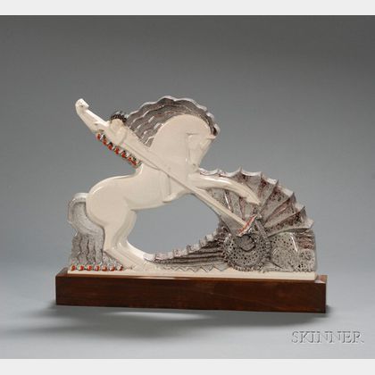 Art Deco St. George Slaying the Dragon Figural Glazed Ceramic Sculpture