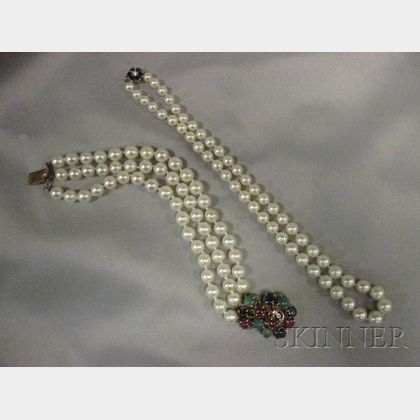 Cultured Pearl and Gem-set Necklace and Bracelet