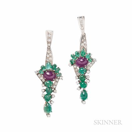 14kt White Gold, Emerald, and Ruby Earrings
