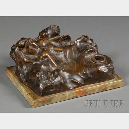 After Pierre Bonnard (French, 1867-1947) Art Nouveau Bronze Figural Inkwell