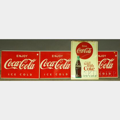 Three Coca-Cola Painted Tin "Enjoy...Ice Cold" Signs and a Coca-Cola Painted Tin "Drink...Things Go Better" Sign