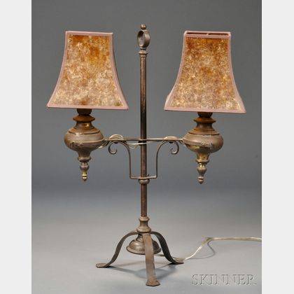Iron and Brass Two-light Table Lamp with Two Mica Shades