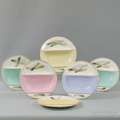 Six Painted and Gilded Minton Asparagus Plates