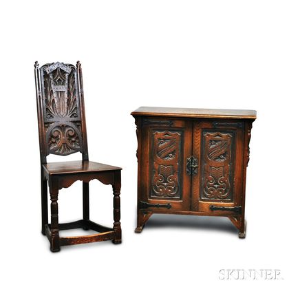 Baroque-style Carved Oak Cupboard and Chair