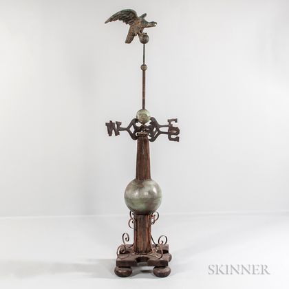 Molded Copper Eagle Weathervane on Tall Wood and Iron Post