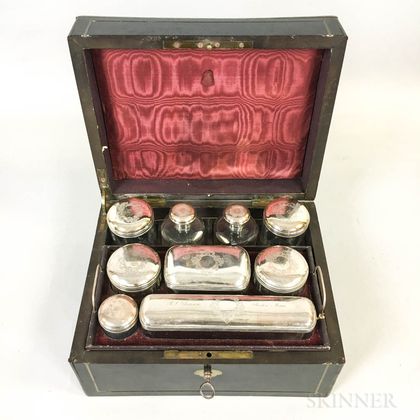 Cased Silver-plate and Glass Toiletry Set