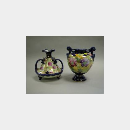 Two Nippon Handpainted Gilt Floral and Cobalt Porcelain Mantel Vases. 