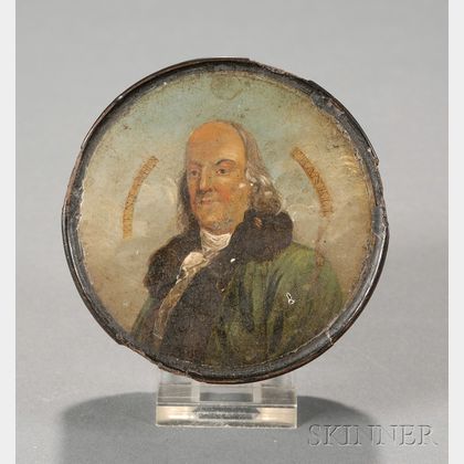 Papier Mache Snuff Box with Painted Engraving of Benjamin Franklin