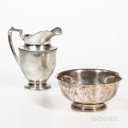 Fisher Sterling Silver Water Pitcher and a Revere Reproduction Sterling Silver Footed Bowl
