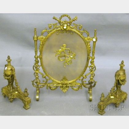Pair of Louis XVI-style Cast Brass Chenet and Cast Brass and Wire Fireplace Screen