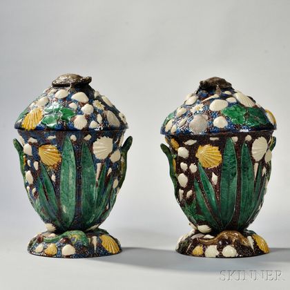 Pair of George Pull Palissy Ware Jars and Cover