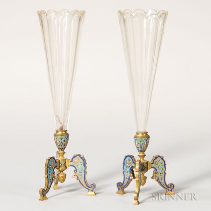 Pair of Gilt-bronze and Champleve-mounted Glass Vases