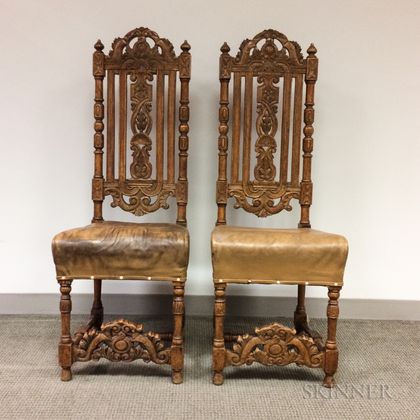 Pair of Baroque-style Oak Side Chairs with Leather Seats