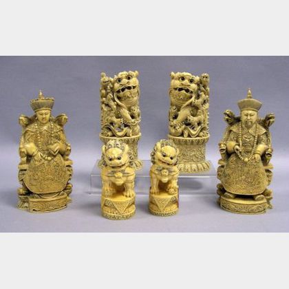 Two Pairs of Chinese Carved Ivory Foo Dogs, and a Pair of Seated Figures. 