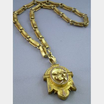 Victorian Gilt Metal Locket and Fancy Link Chain Necklace. 