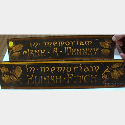 Pair of Victorian Painted Amber Glass Panels "In Memoriam, Jane A. Tenney" and "In Memoriam, Elijah Fitch,"