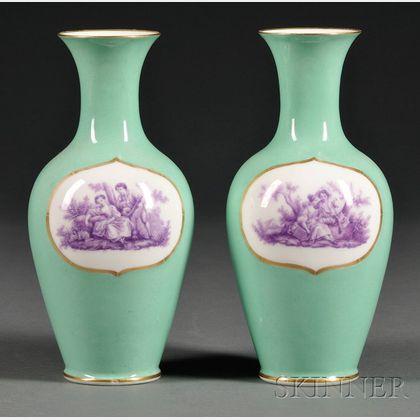 Pair of French Porcelain Green Ground Vases