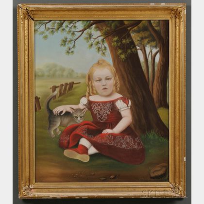 American School, 19th Century Portrait of a Young Girl in a Landscape with Her Tabby Cat.