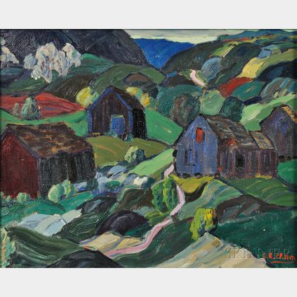 Leighton Cram (American, 1895-1981) Landscape with Blue Barn