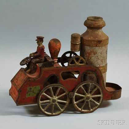Antique Wood and Sheet Metal Friction-driven Fire Pumper Wagon Toy
