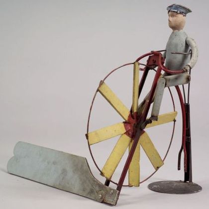 Painted Wood and Metal Velocipede and Rider Whirligig