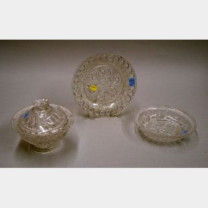 Sandwich Colorless Pressed Lacy Glass Covered Sugar, a Bowl, and a Plate