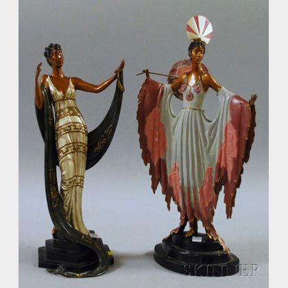 Two Art Deco-style Painted Cast Bronze Figural Sculptures