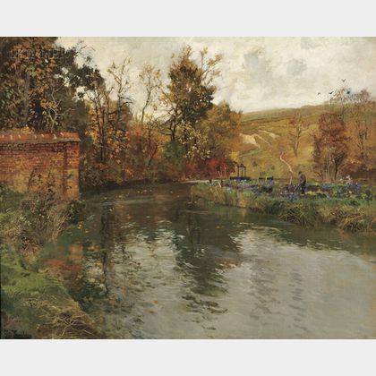 Frits Thaulow (Norwegian, 1847-1906) Autumn River Scene, Probably the Netherlands or Belgium