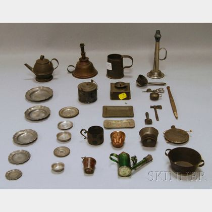 Thirty-one Miniature Tin, Pewter, and Other Metal Household Items