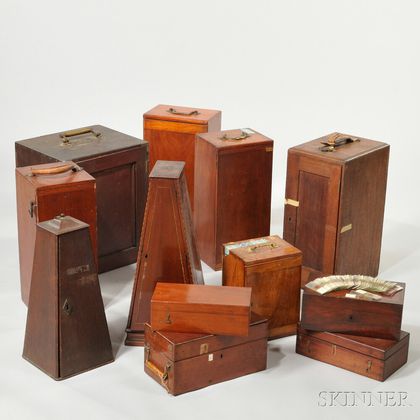 Twelve Assorted Microscope Boxes and Glass Microscope Slides