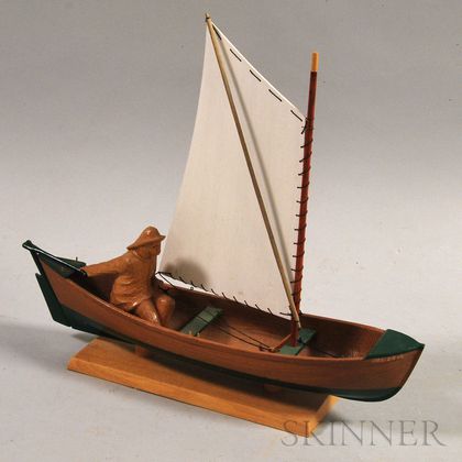 Carved and Painted Wood Sailboat and Fisherman