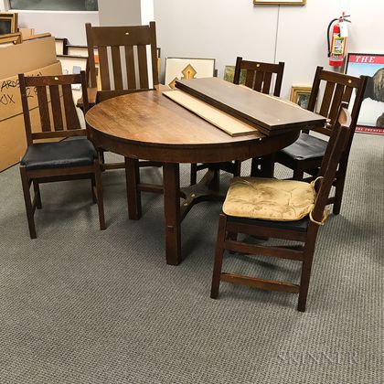 Arts and Crafts Oak Dining Table, Set of Four Side Chairs, and Two Armchairs. Estimate $300-500
