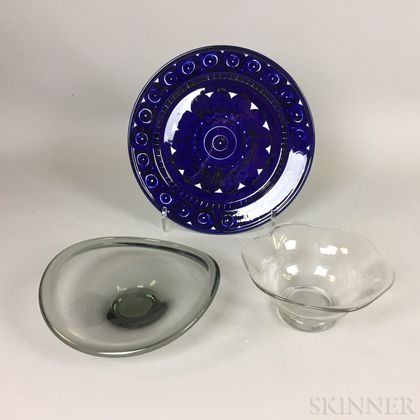 Two Scandinavian Colorless Glass Bowls and a Ceramic Charger