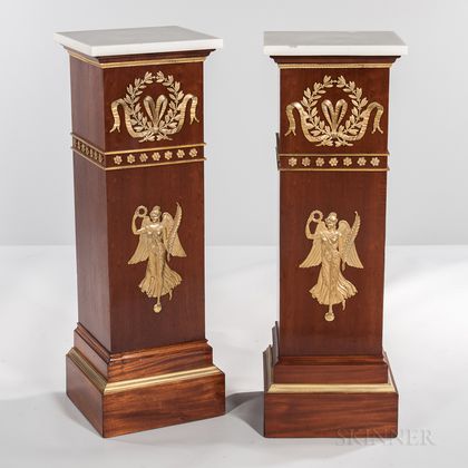Pair of Neoclassical-style Marble-top Ormolu-mounted Tulipwood-veneered Pedestals