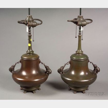 Pair of Japanese Export Patinated Bronze Baluster-form Lamp Bases