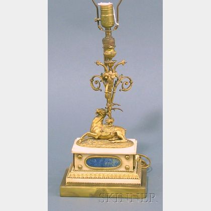Louis XVI Style Bronze, Marble, and Lapis Lazuli Figural Candlestick Lamp Base