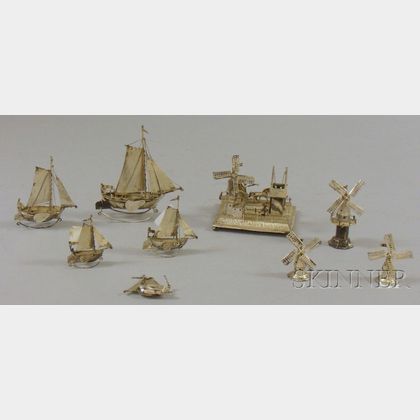 Nine Continental Silver Decorative Ships and Windmills. 
