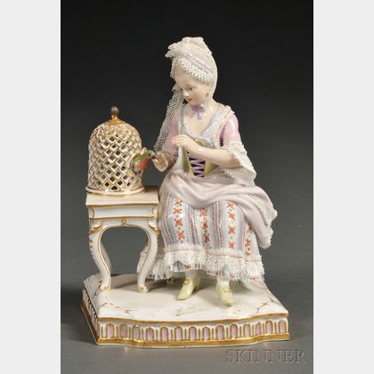 Meissen Porcelain Figure of a Lady with a Parrot