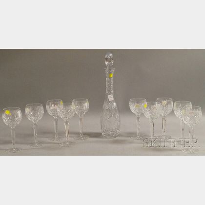Waterford Colorless Cut Glass Lismore Pattern Decanter and a Set of Ten Wine Stems. 